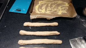 Bagels rolled and twisted in a sausage shape